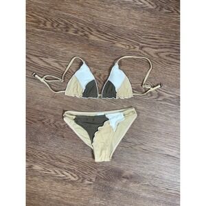 Bikini Set Girls Size 140 Tan Brown Olive White Color block Triangle SHEIN